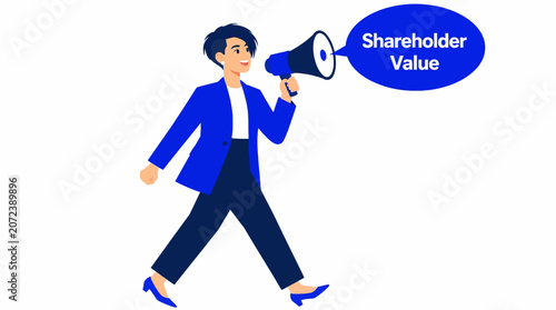 Business person holding megaphone for shareholder value announcement.
