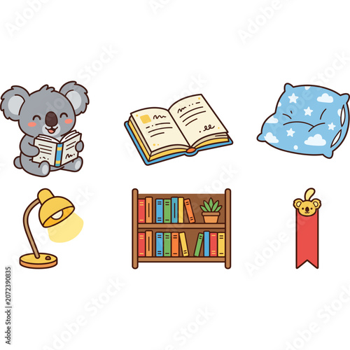 Photography Cute Koala Reading Book with Pillow, Lamp, Bookshelf & Bookmark
