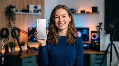 Smiling female content creator presenting a generic smart device to camera