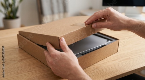 Close up of hands unboxing a plain unbranded product package on desk