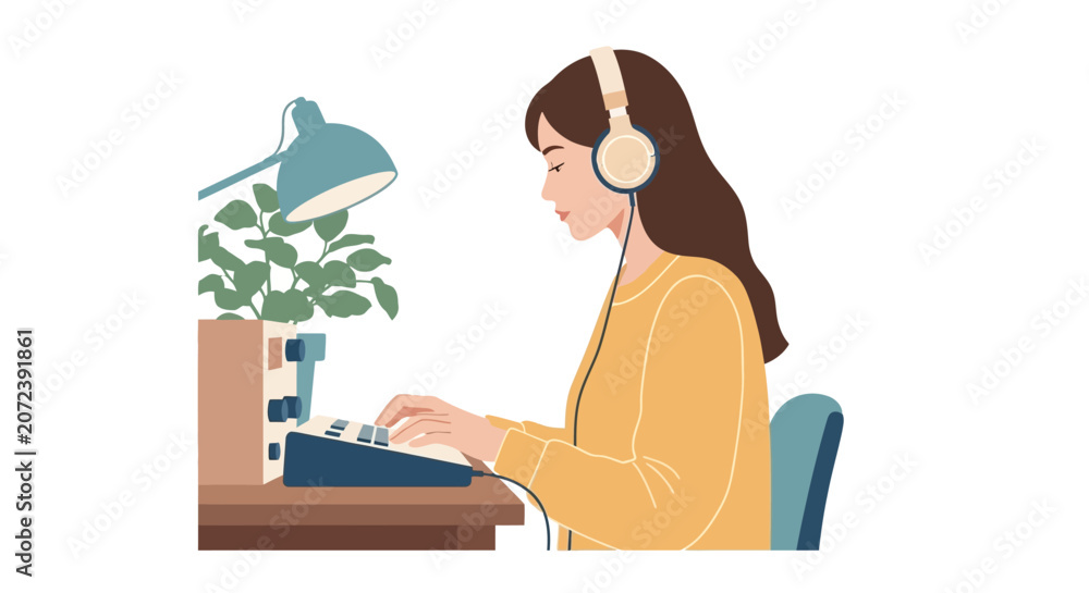 Fototapeta premium Woman wearing headphones working laptop.