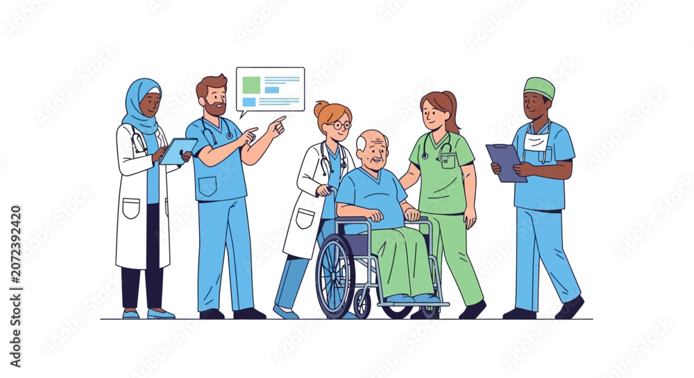 Obraz premium Medical team with patient wheelchair.