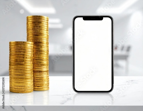 Smartphone with blank screen next to stacked gold coins on marble desk, mobile banking, financial growth, investment strategy, currency exchange
