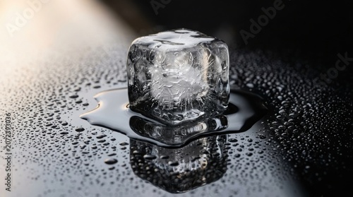 Melting ice cube on reflective glass surface in dramatic black and white close-up