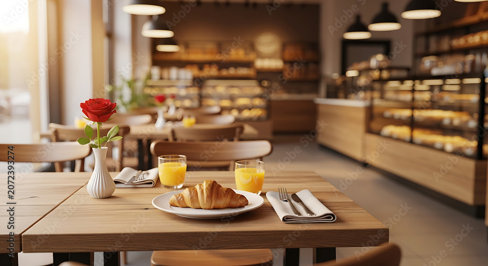 Fototapeta premium Cozy cafe breakfast table with croissant, orange juice and a rose