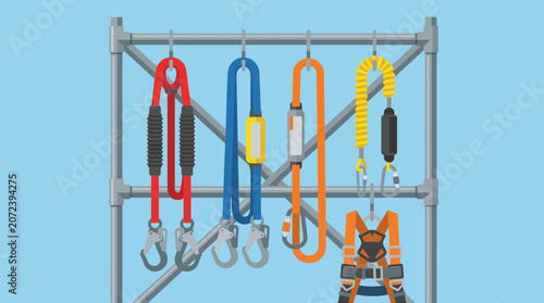 Tableau sur toile Safety Lanyards and Shock Absorbers Hanging on Equipment Rack