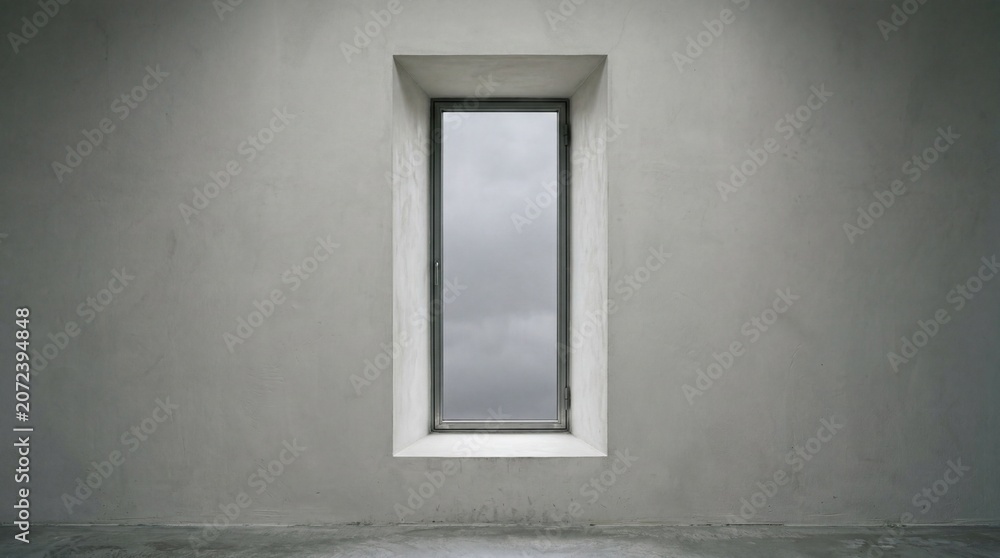 Fototapeta premium Vertical window opening in a minimalist concrete wall with cloudy sky