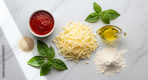 Pizza Ingredients Flat Lay: Cheese, Tomato Sauce, Basil, Flour, Oil, Spices on Marble