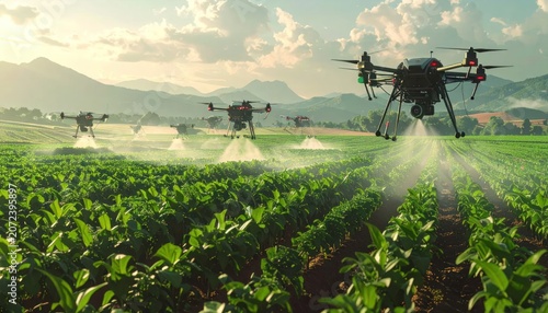 Agricultural drones spraying green crops in lush farm field.
