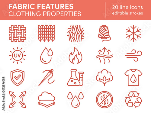Set of 20 line icons representing various fabric features and clothing properties
