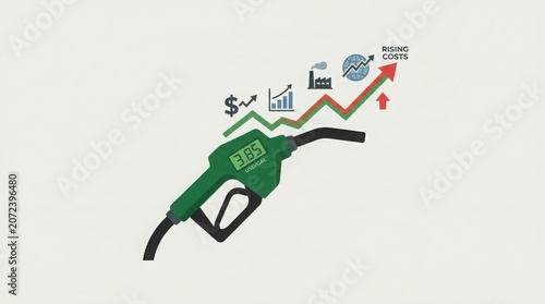 Rising fuel price concept with green gasoline pump nozzle and upward trending arrow on white background