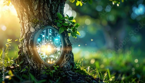 Ancient tree with circular blue futuristic tech interface.
