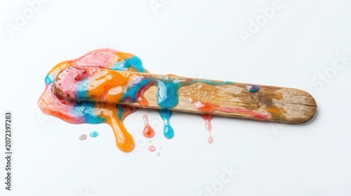 Melted colorful popsicle dripping on white background minimalist summer dessert