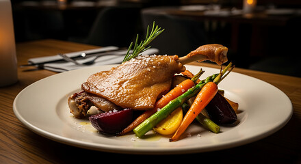 Gourmet Duck Confit with Roasted Root Vegetables and Asparagus