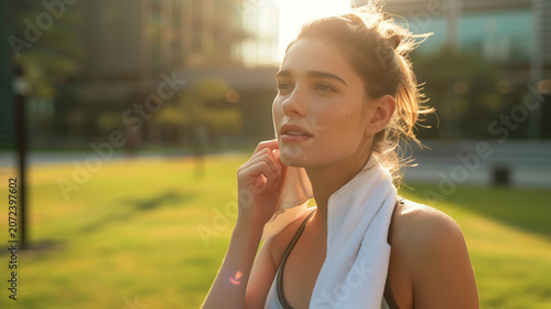 Young woman relaxing outdoors after exercise with towel enjoying warm sunlight