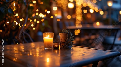 Lit up candle at an outdoor table of a restaurant in winter, cosy atmosphere, selective focus, bokeh, decorative, celebration, holiday, light, festive
