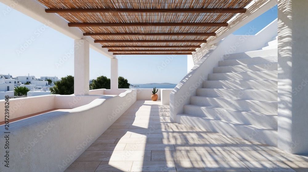 Fototapeta premium Empty mediterranean rooftop terrace with white walls and sea view