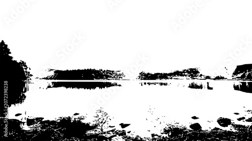 Serene Black and White Landscape: Reflecting Water, Rocky Shore, and Distant Islands
