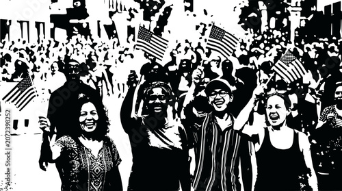 Diverse Crowd Waving American Flags in Celebration - Black and White Stylized Image