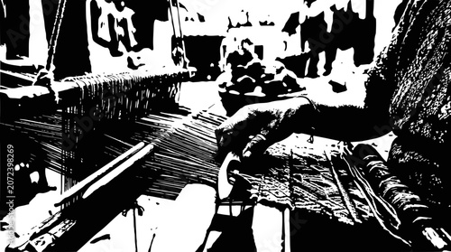 Close-up of Hands Weaving Fabric on Traditional Loom, Black and White