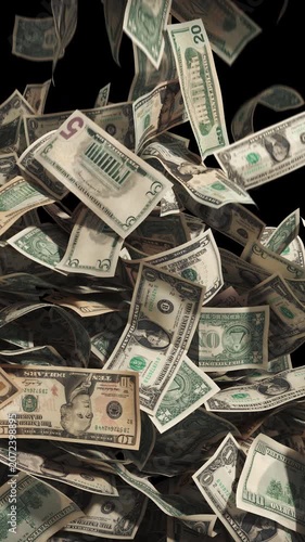 US dollar bills fall into the frame, gradually covering the entire screen, then disappear. Transition for a money theme, financial overlay, and wealth concept animation. Transparent background. ProRes