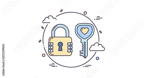 Combination lock and key with heart symbol modern flat design concept