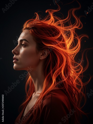Beautiful Woman with Glowing Fiery Red Hair Profile Portrait