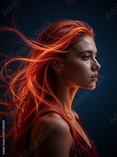 Beautiful Young Woman with Glowing Red Hair in Motion