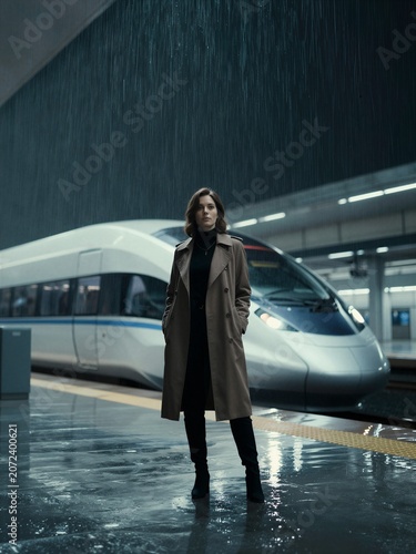 Elegant Woman in Trench Coat Standing on Rainy Train Platform