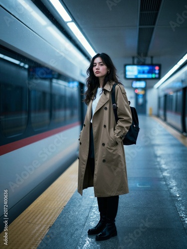 Young woman in a trench coat waiting on a subway platform