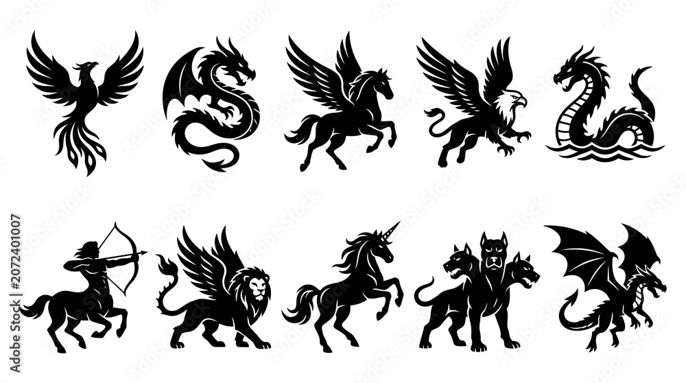 Obraz premium Fantasy and Mythology Mythical Creatures Silhouettes Set - Legendary Animal Glyphs Collection