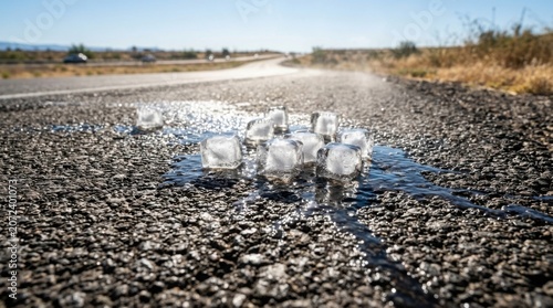 Melting ice fragments on cracked dry ground under bright sunlight in summer landscape