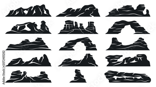 Outdoor Nature Geology Black Silhouette Vector Glyph Icons Set of Rock Formations, Mountains, and Arches