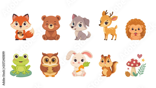 Canvas Print Set of twelve cute cartoon animals in playful poses Vector