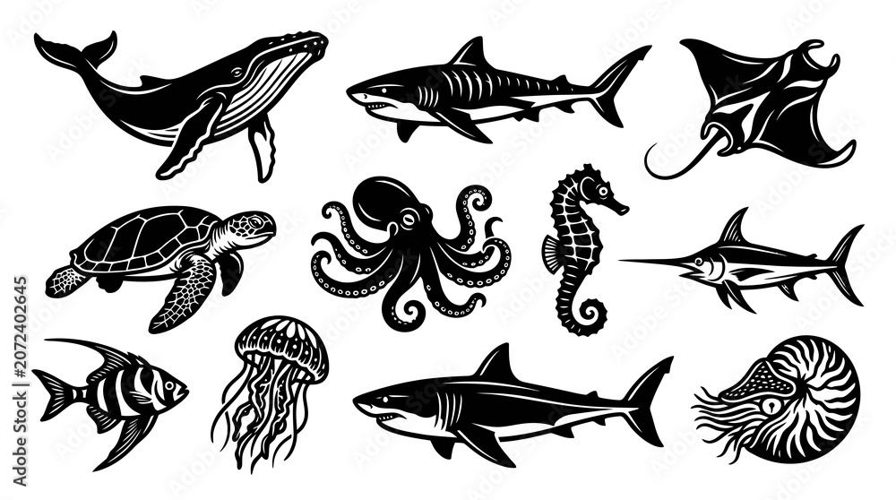 Obraz premium Black and White Silhouette Marine Life Vector Set: Ocean Animals Sea Creatures Collection