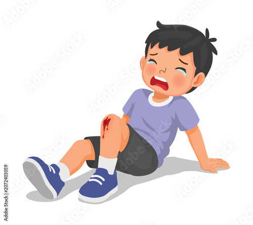 Little boy has knee injury after falling down scratching her knee bleeding
