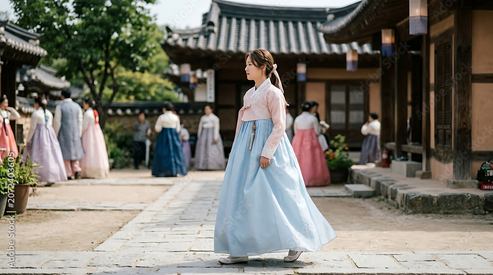 Fototapeta premium Woman in traditional Korean dress walking down a courtyard path surrounded by people
