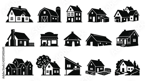 Real Estate and Housing Architecture Black  White Silhouettes Vector Icons Set of Diverse Houses and Buildings