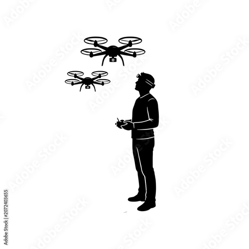 Man piloting fpv racing drones with remote control silhouette vector illustration, isolated on transparent background.