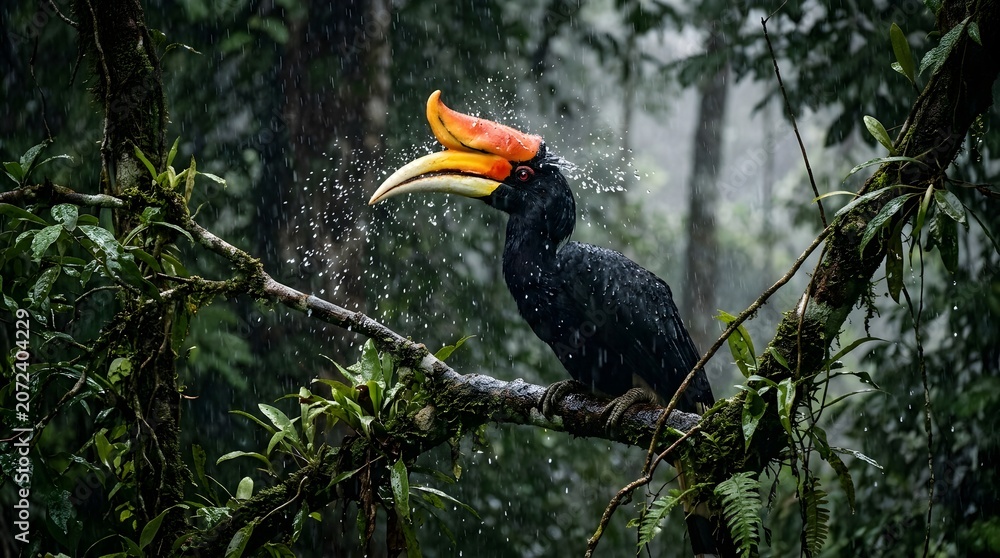 Fototapeta premium Rhinoceros hornbill perching on a mossy branch in heavy tropical rain