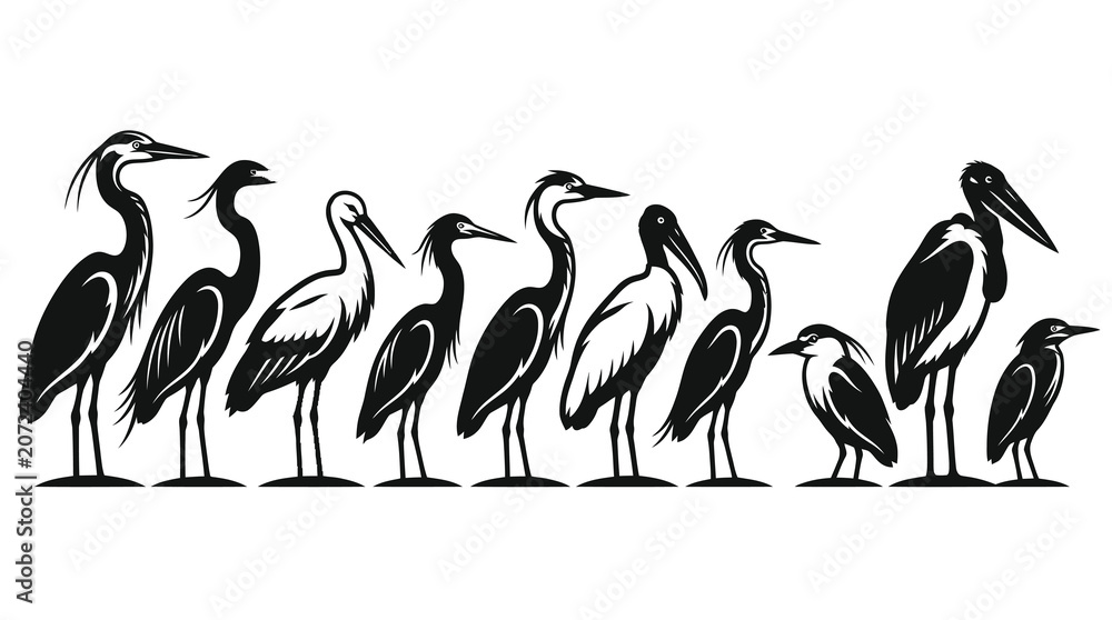 Obraz premium Nature Wildlife Zoology Vector Glyph Set: Black and White Silhouettes of Wading Birds - Herons, Storks, Ibises Illustration