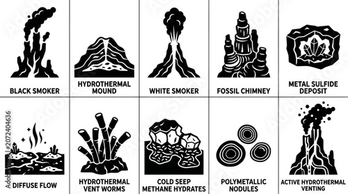 Oceanology Glyphs: Deep Sea Hydrothermal Vents, Black  White Icons