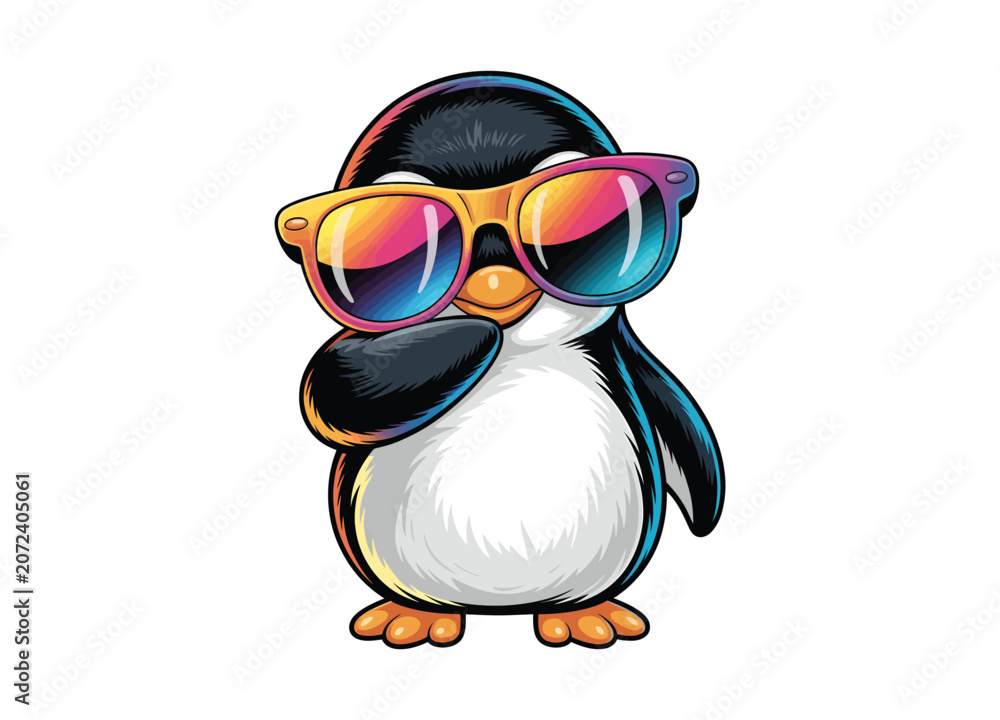 Obraz premium Cartoon penguin wearing colorful sunglasses arms crossed on transparent background penguins bird.