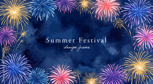 Quadro su tela 花火の背景イラスト,水彩風の夜空とはなび、夏祭りの濃紺フレーム枠、打ち上げ花火の長方形デザイン背景、サマーセール広告素材,手描きベクター,花火大会・納涼祭ポスタ