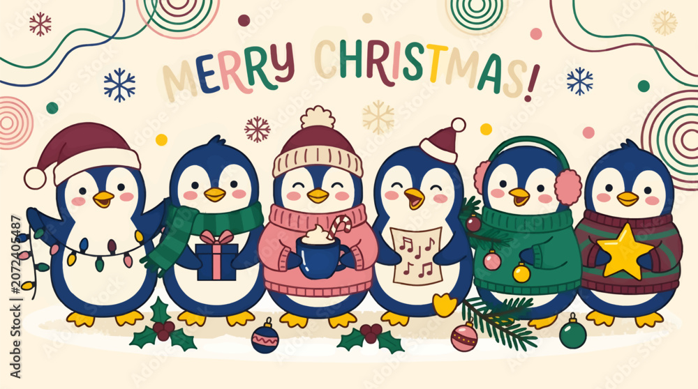 Naklejka premium Cute Cartoon Penguins in Festive Christmas Outfits Celebrating, Holding Gifts and Hot Cocoa, Singing Carols, Flat Design Vector Illustration with Merry Christmas Text