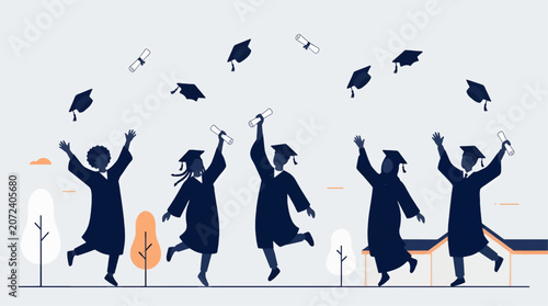 Photos Diverse Graduating Students in Academic Regalia Throwing Caps and Diplomas in Ce