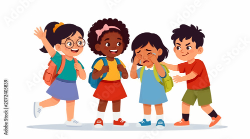 Photos Diverse School Children with Backpacks, One Girl Crying While a Boy Shows Anger,