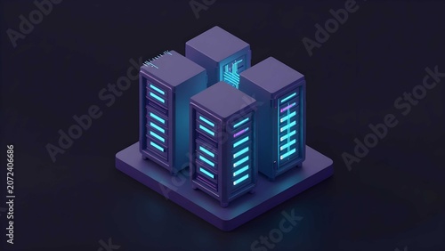 Futuristic 3D isometric cloud computing infrastructure with modern data hub