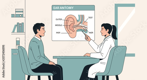 Doctor Explains Ear Anatomy Diagram to Patient in Medical Consultation