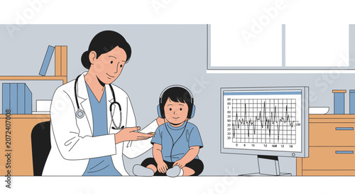 Pediatrician examining child's hearing with audiometer in clinic